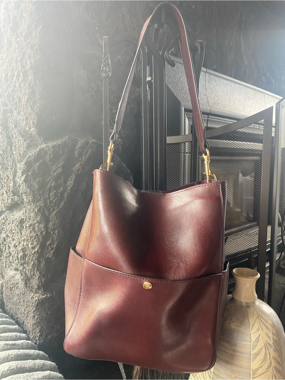 Genuine Leather Burgundy Convertible Hobo Bucket Bag - Picture 3 of 11